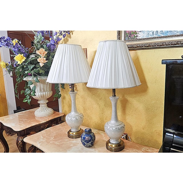 Mid 20th Century Pair of Vintage White Crackle-Glaze Table Lamps With Pleated Shades – 35” For Sale - Image 16 of 18