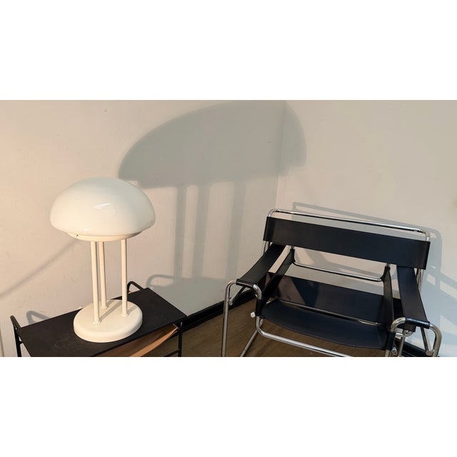1970s Vintage Mushroom Tripod Table Lamp in Opaline Glass and White Steel, 1970s For Sale - Image 5 of 11
