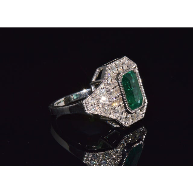 Gia Certified 3.98ct Natural Zambian Emerald & Diamond Tiered Halo Milgrain 18k White Gold Ring, Size 6.5 For Sale In Dallas - Image 6 of 16