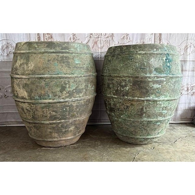 Rustic Mediterranean Barreal Jars - Verdigris Patinated Terracotta Olive Vassels For Sale - Image 3 of 17