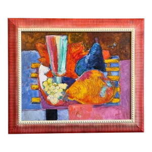 1970s "Table of Fruit & Vase" by Hubert Damon, French Modernist Still Life Oil Painting