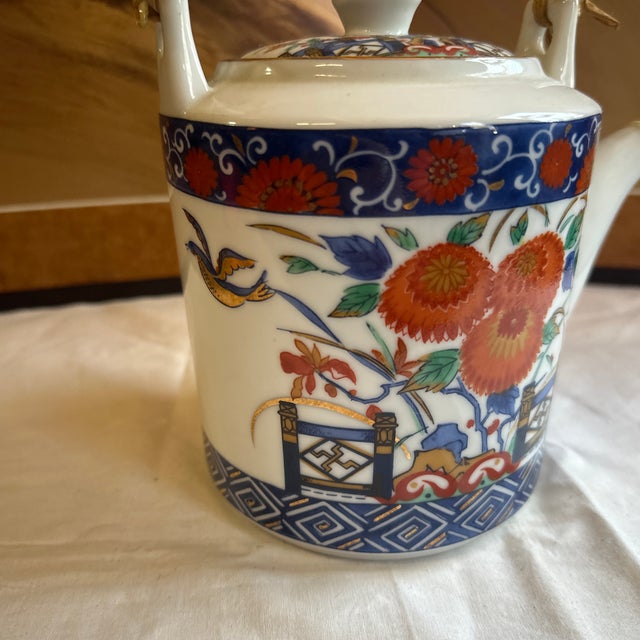 Vintage Asian Style Ceramic Teapot With Wicker Handle For Sale - Image 4 of 9