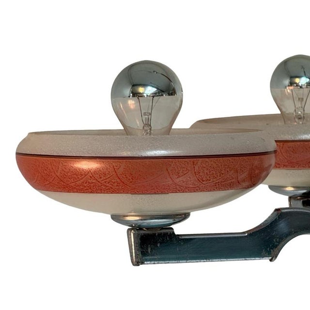 Metal Art Deco Frosted Glass, Bakelite and Chromed Metal 4-Light Chandelier, Former Czechoslovakia, 1930s For Sale - Image 7 of 11