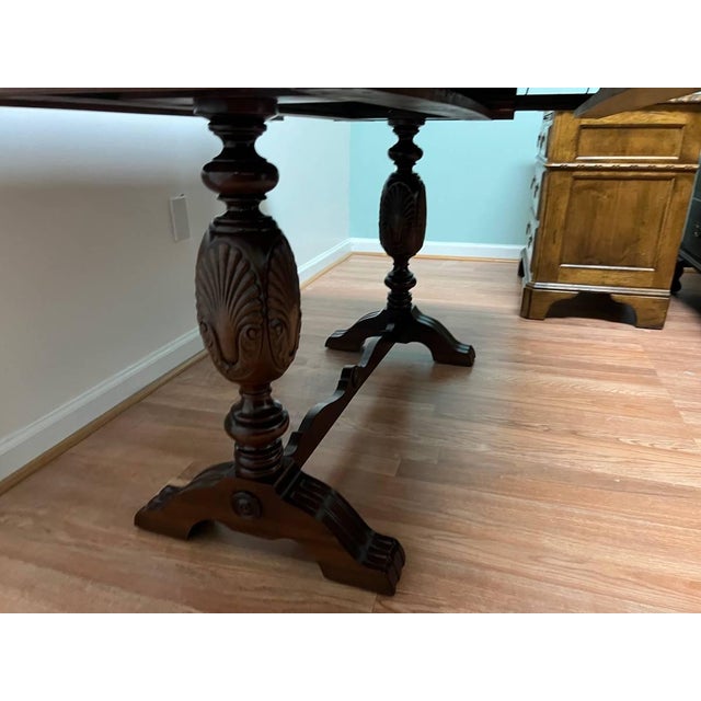 Vintage Jacobean Baroque Style Mahogany Expanding Trestle Base Library Table to Dining Table. For Sale - Image 4 of 12