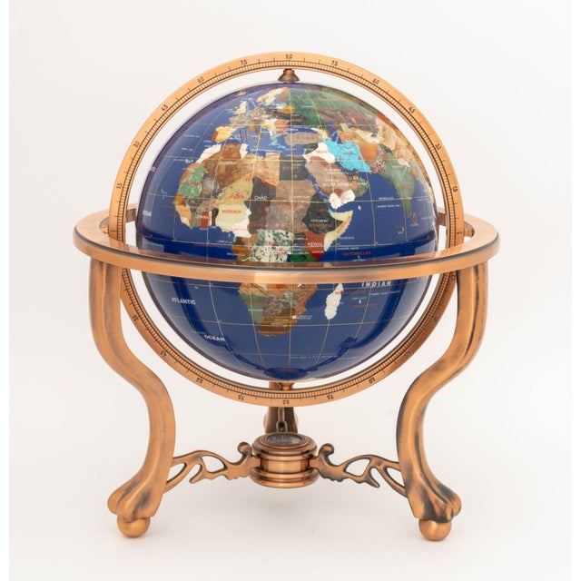 Modern Modern Semi-Precious Stone Inlaid Revolving Globe on Copper Stand For Sale - Image 3 of 15