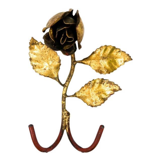 Vintage Italian Tole Gold Gilt Rose Wall Hook – Double Hook Floral Wall Accent – Hollywood Regency, Cottagecore, Shabby Chic For Sale