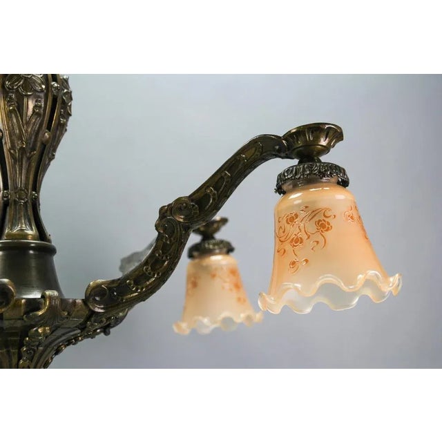 Metal Art Deco Five-Light Bronze and Glass Floral Motif Chandelier, 1920s For Sale - Image 7 of 18