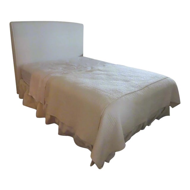 Minimalistic White Fabric Queen Head Board & Bed Frame For Sale