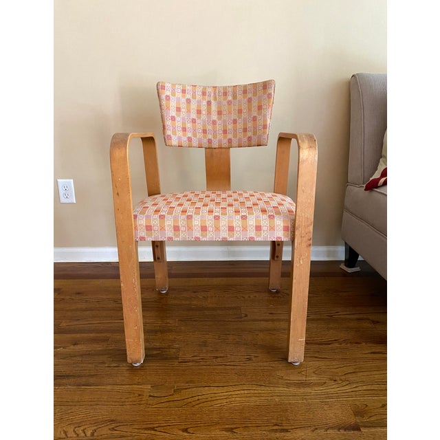 1950s Joe Atkinson Designed Thonet Industries Arm Chairs Upholstered in Eames Crosspatch For Sale - Image 5 of 12