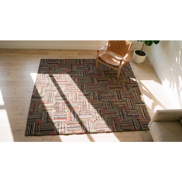 Textile Multicolored Square Formind Diamond in a Geometric Design Antique American Hooked Rug For Sale - Image 7 of 9