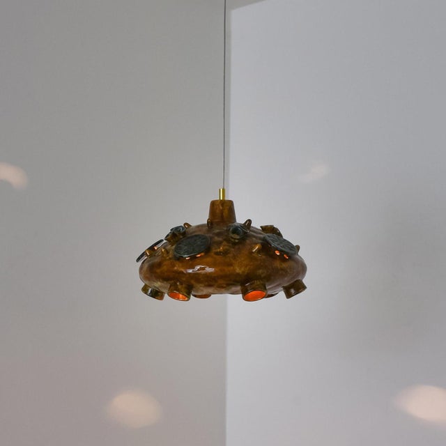 Ceramic Cognac Blue Ceramic Pendant Light, Denmark, 1970 For Sale - Image 6 of 16