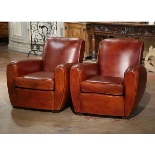 Early 20th Century Pair of Early 20th Century French Art Deco Brown Leather Club Armchairs For Sale - Image 5 of 9