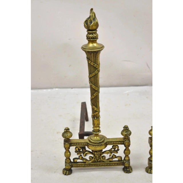 Gold Antique French Empire Style Flame Finial Brass and Cast Iron Andirons - A Pair For Sale - Image 8 of 10