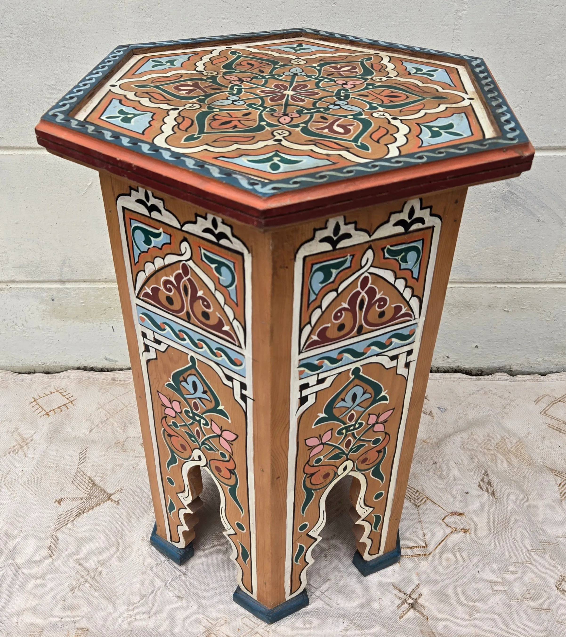 antique motif.。.:♡* Moroccan Hexagonal Hand Painted Wooden Side / Orange Zouak | Chairish