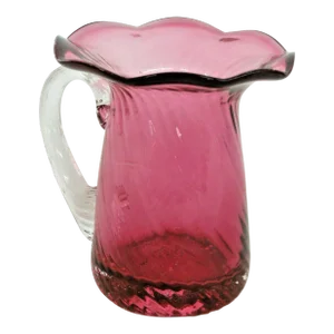 Pilgrim Style Cranberry Glass Ruffled Rim Small Pitcher Vase Clear Handle