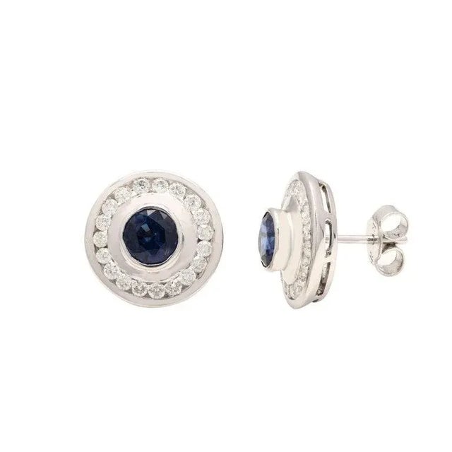 Art Deco 2.3ct Deep Blue Sapphire Diamond Art Deco Round Stud Earrings in 14k Gold- A Pair For Sale - Image 3 of 8