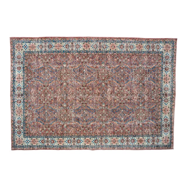 Vintage Rug, Faded Brick Red & Blue All-Over Floral, Kerman Style – 6'8" X 9'9" For Sale