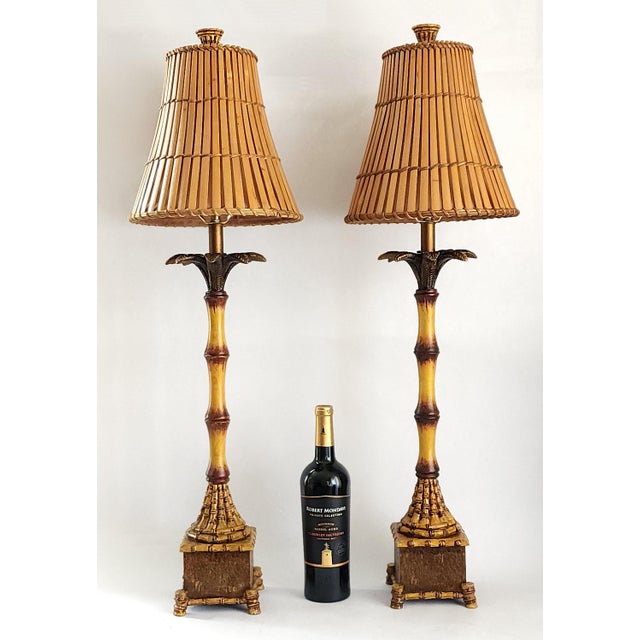 Modern Vintage Tropical Palm Tree Table Lamps With Bamboo Shades Restored - A Pair For Sale - Image 3 of 13