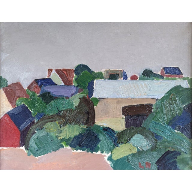 Mid-Century Modern 'Hillside Houses' Vintage Swedish Semi-Abstract Landscape Oil Painting, Framed For Sale - Image 9 of 12