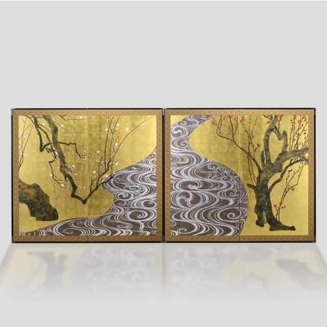 Japanese Made-to-Order Japanese Two-Panel Folding Screen “Red & White Plum Blossoms” Inspired by Ogata Kōrin | Hand-Applied Kanazawa Gold & Silver Leaf For Sale - Image 3 of 6