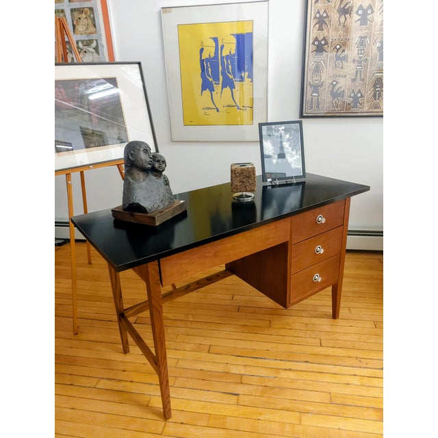 Wood Mid-Twentieth Century Modern Stanley Walnut Writing Desk For Sale - Image 7 of 7
