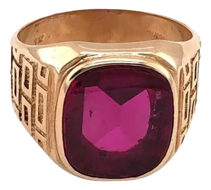 14 Karat Yellow Etched Gold and Garnet Solitaire Fashion Ring