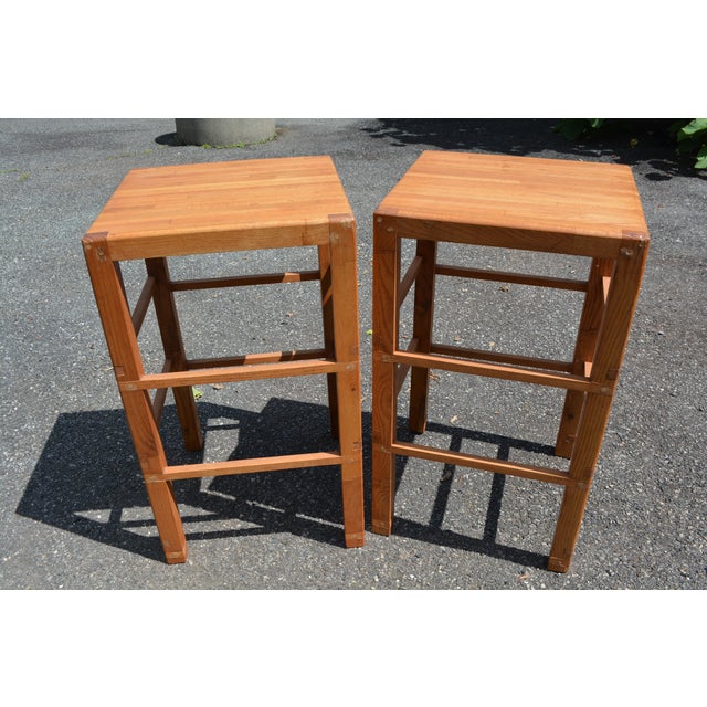 1990s 1990s Pair Wooden Butcher Block Square Bar Height Stools or Prep / Cutting Board Tables For Sale - Image 5 of 13