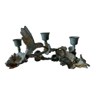 Vintage Spi Triple Candelabra: Pewter, Verde-Patina, Morning Glory Hummingbird For Sale