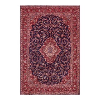 Shabby Chic Persian Kashan Blue/Red Wool Rug - 9'8'' X 12'10'' For Sale