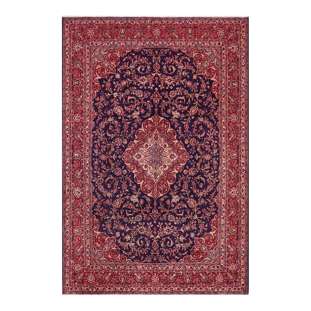 Shabby Chic Persian Kashan Blue/Red Wool Rug - 9'8'' X 12'10'' For Sale