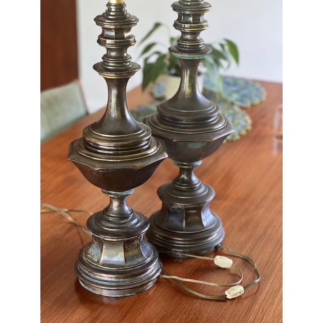 Traditional Mid 20th Century Large Brass Table Lamps With Deep Patina - a Pair For Sale - Image 3 of 10