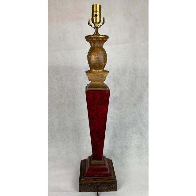 Traditional Egyptian Revival Carved Wood Faux Finish Lamp in Reds & Blacks-1920s For Sale - Image 3 of 15