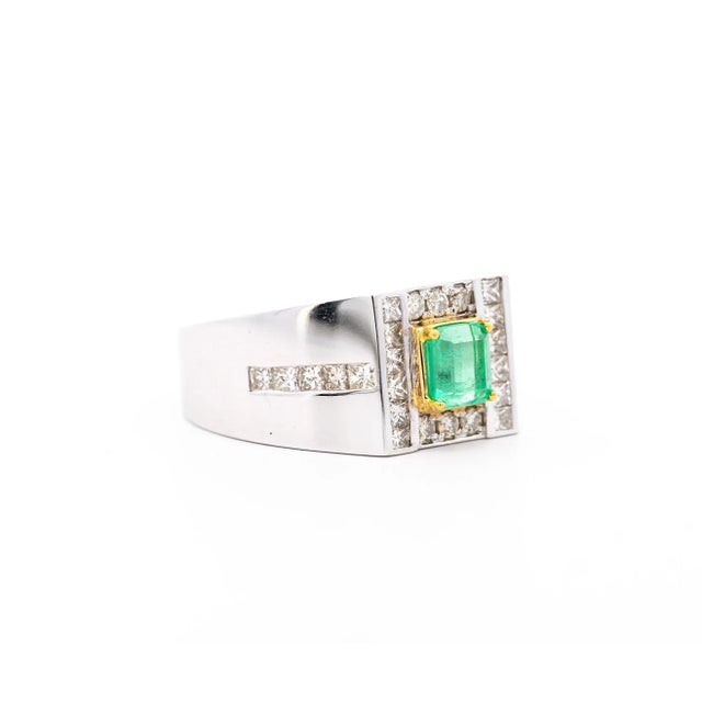 Modern Natural 1.78 Carat Emerald and Diamond 18k Gold Mens Ring Size 9.5 For Sale - Image 3 of 6