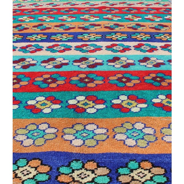 Textile Mid-Century Modern Turkish Rug With Multicolored Stripes and Flower Designs For Sale - Image 7 of 12