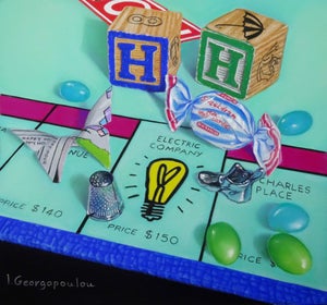 Happy Hour by Irene Georgopoulou | Pastel on paper Still life of game pieces and candy on a board game.