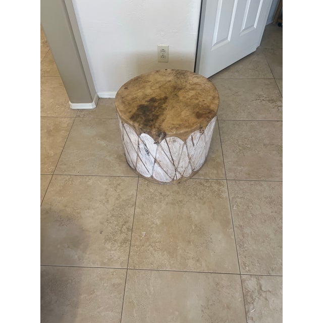 Beige Vintage Native American Indian Wood Rawhide Stretched Leather Drum and Glass Coffee Table For Sale - Image 8 of 12