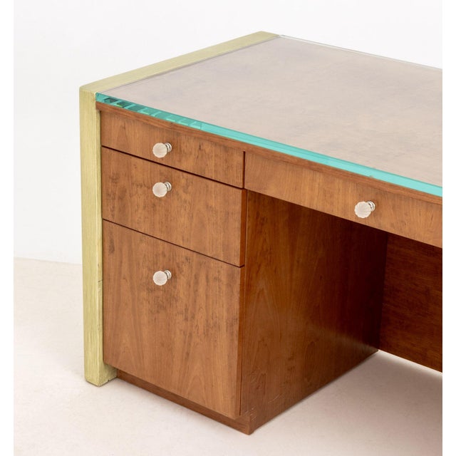 Mid-Century Modern Art Deco Style Walnut Kneehole Desk For Sale - Image 3 of 10