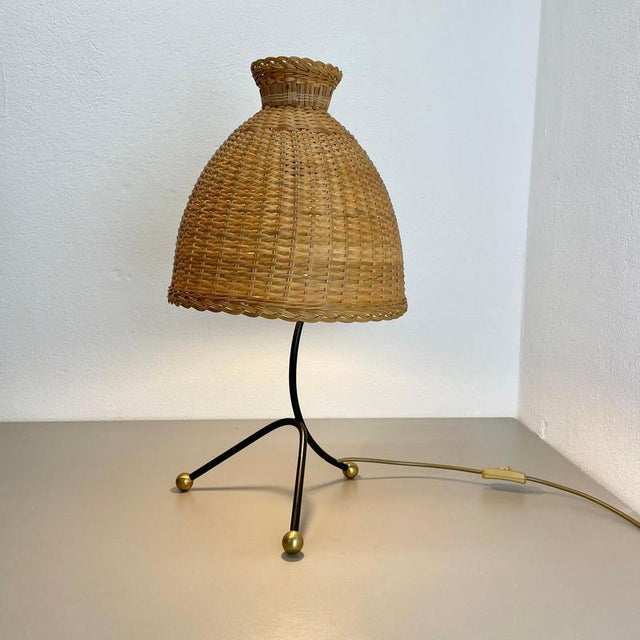 Vintage Austrian Metal and Rattan Tripod Table Light, 1960s For Sale - Image 4 of 18