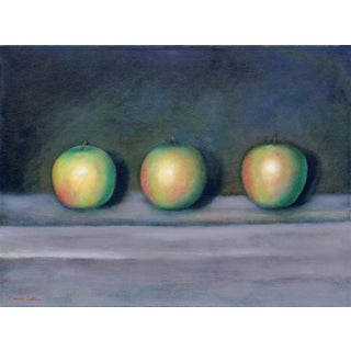 Grannies by Carrie Goller | Oil on Canvas Still life of three green apples on a shelf. For Sale