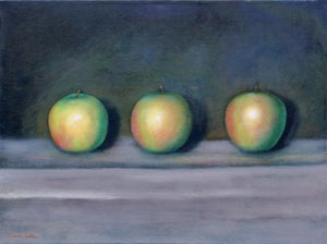 Grannies by Carrie Goller | Oil on Canvas Still life of three green apples on a shelf.