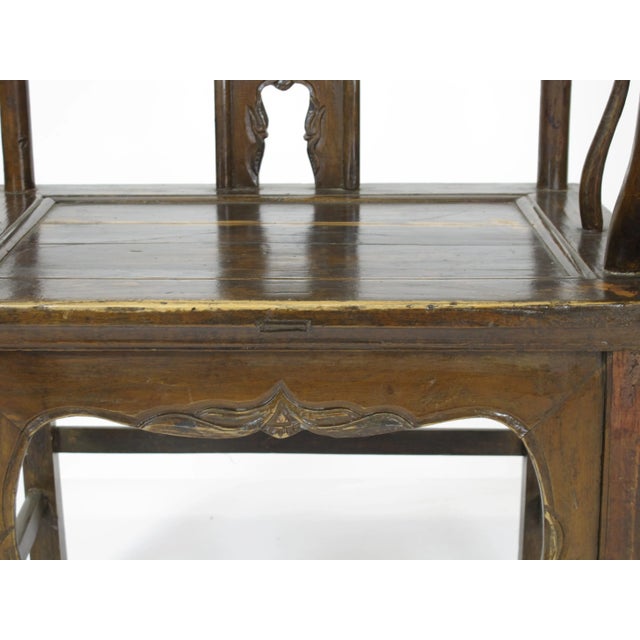 Wood 1900s Antique Chinese Official Hat Armchair With Carved Back For Sale - Image 7 of 11