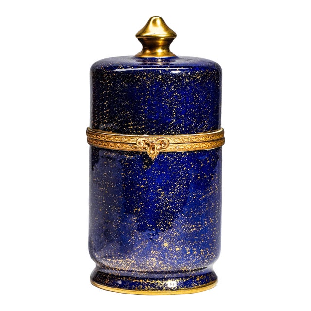 1950s Beautiful Hand Painted Le Tallec Vintage French Porcelain Blue and Gold Jar Box Home Decor For Sale