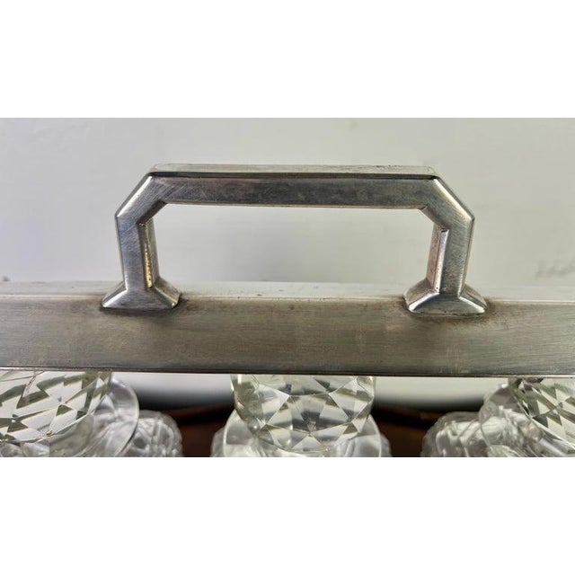 Victorian Decanter Set in Oak Caddy, Crystal & Metal, England, 19th C. For Sale In Los Angeles - Image 6 of 17