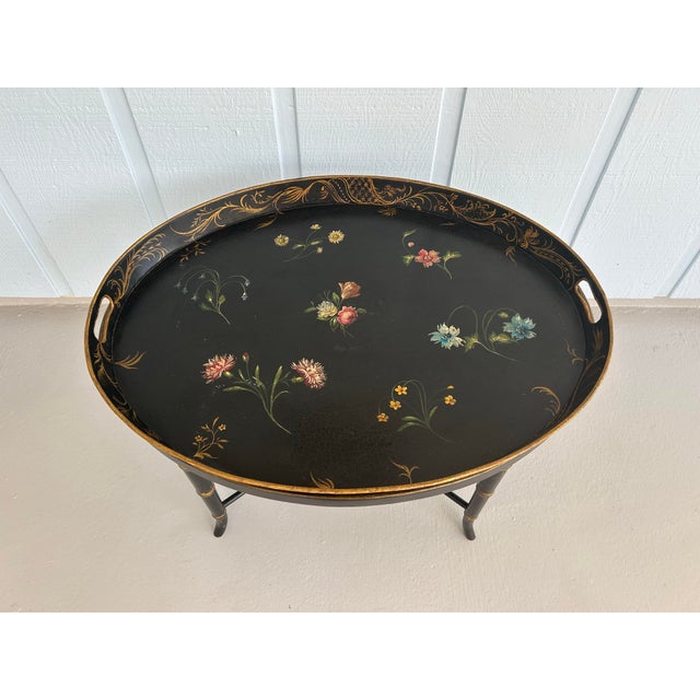 Late 19th Century Regency Tole Tray Table With Faux Bamboo Base-Black and Gold Coffee Table-Floral Motif Hand Painted Removable Top For Sale - Image 5 of 12