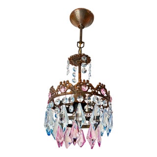 Vintage Brass Crown Chandelier With Hand-Painted Pink and Ice Blue Crystal Prisms For Sale