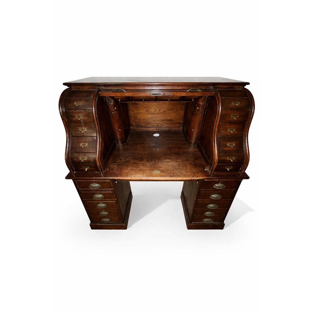 Early 20th Century Antique-Style Roll Top Desk | Solid Wood Dark Oak Brown Curved Tambour Front For Sale - Image 5 of 7