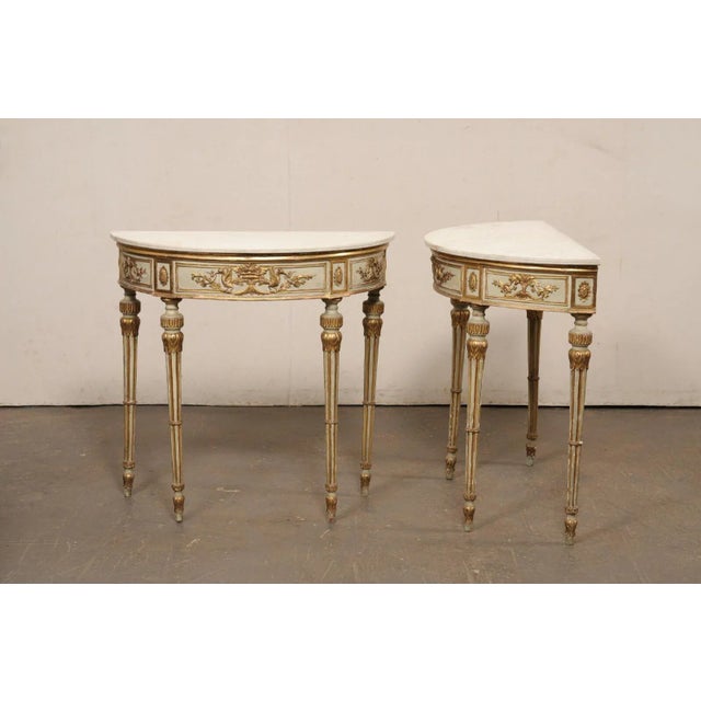 Wood A Pair - 18th Century Italian Marble Top, Gilt Demi-Lunes For Sale - Image 7 of 12