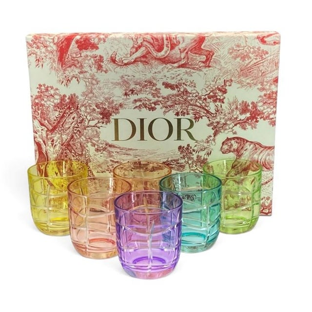 Dior Maison Pastel Harmony Tortoiseshell Small Glasses With Toile Presentation Box, Complete Set of 6 For Sale - Image 17 of 17