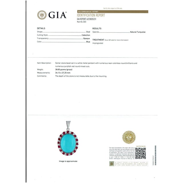 GIA Certified 105 Ct Natural Oval Turquoise, Ruby & Diamond Pendant, Sleeping B For Sale - Image 9 of 18