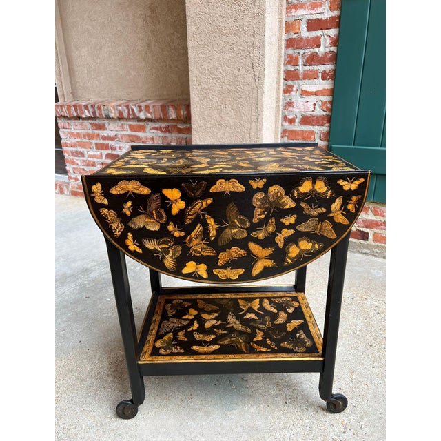 Vintage English Bar Cart Trolley Drop Leaf Chinoiserie Butterfly Lacquer Table For Sale - Image 14 of 18